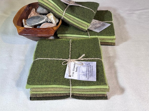 Fields of Green Wool Bundle, Hand & Mill-Dyed Wool Fabric for Rug Hooking, Soft Bronze Green, Applique, Penny Rugs, six- 1/16 Yd Pieces W619