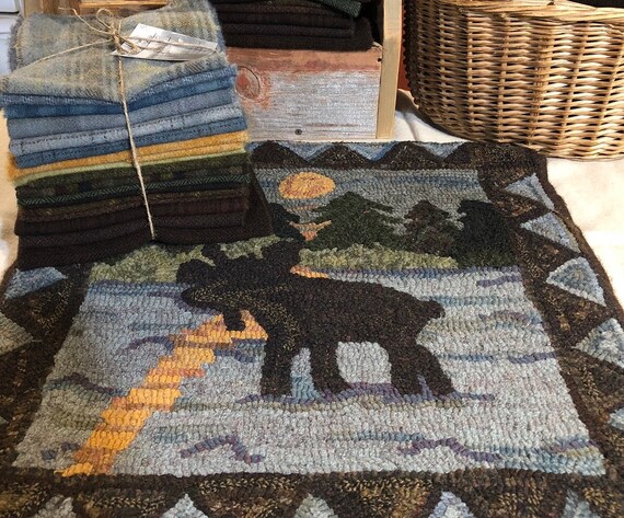 Moonshine Moose, Rug Hooking Kit , 20" x 20"  Rug Hooking, Applique, Northwoods Rug, Northwoods Moose, Lake and Sky, Isle Royale K164