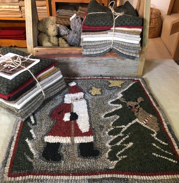 Santa Hiker, Rug Hooking Kit for 15" x 15" Primitive Santa Rug, Hooked Christmas Rug, Santa Wall Hanging, Pillow K165