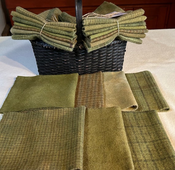 Khaki Green Mix Hand-Dyed Wool Fabric for Rug Hooking, Applique, Penny Rugs, Quilting, Primitive Green, Olive Green 7 - 1/16 Yd Pieces W630