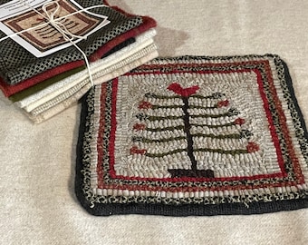 Feather Tree Mat, Primitive Rug Hooking Kit, 9" x 9"  Vintage Wool Feather Tree, Christmas Tree Mat, Hooked Wool Christmas Mat K113