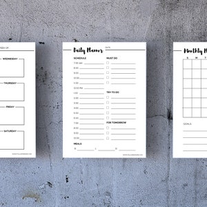 May include: A black and white printable daily planner with sections for schedule, must do, try to do, for tomorrow, and meals. The planner also includes a monthly calendar and a section for goals.