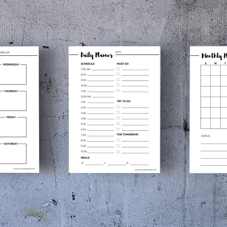 May include: A black and white printable daily planner with sections for schedule, must do, try to do, for tomorrow, and meals. The planner also includes a monthly calendar and a section for goals.