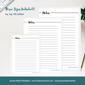 May include: Three printable lined note pages in A4, A5, and US Letter sizes. Each page has the word "Notes" at the top and is ready to be used for writing down ideas, lists, or reminders.
