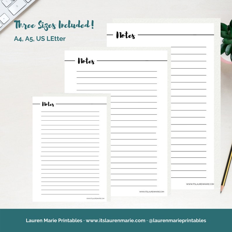 May include: Three printable lined note pages in A4, A5, and US Letter sizes. Each page has the word "Notes" at the top and is ready to be used for writing down ideas, lists, or reminders.