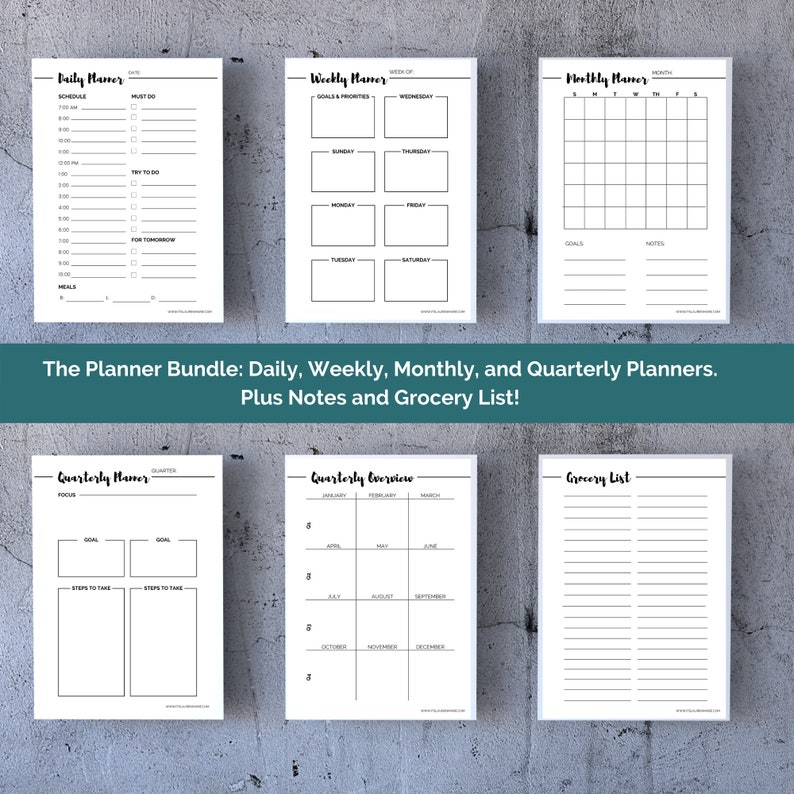 May include: A set of printable planner pages for daily, weekly, monthly, and quarterly planning. The pages include sections for goals, notes, and a grocery list.