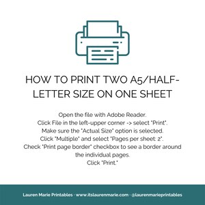 May include: A teal blue printer icon with a document inside. Text below the icon reads: "HOW TO PRINT TWO A5/HALF-LETTER SIZE ON ONE SHEET".  Instructions for printing two A5 or half-letter size pages on one sheet of paper using Adobe Reader.