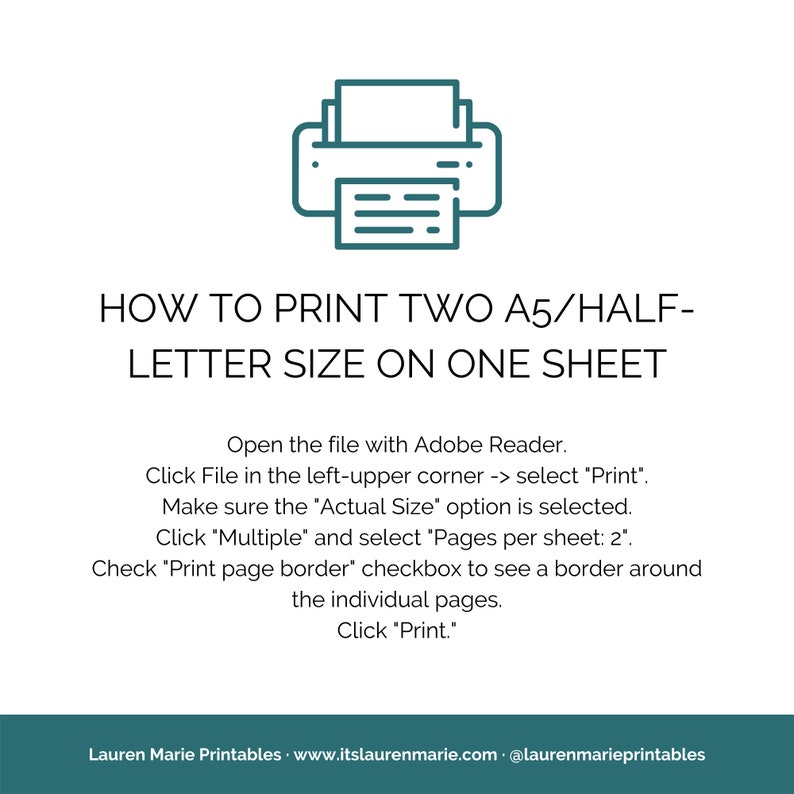 May include: A teal blue printer icon with a document inside. Text below the icon reads: "HOW TO PRINT TWO A5/HALF-LETTER SIZE ON ONE SHEET".  Instructions for printing two A5 or half-letter size pages on one sheet of paper using Adobe Reader.