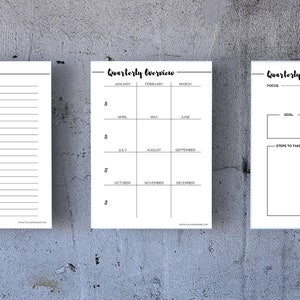 May include: A printable quarterly planner with a calendar grid for each month of the year. The planner includes sections for focus, goals, and steps to take.