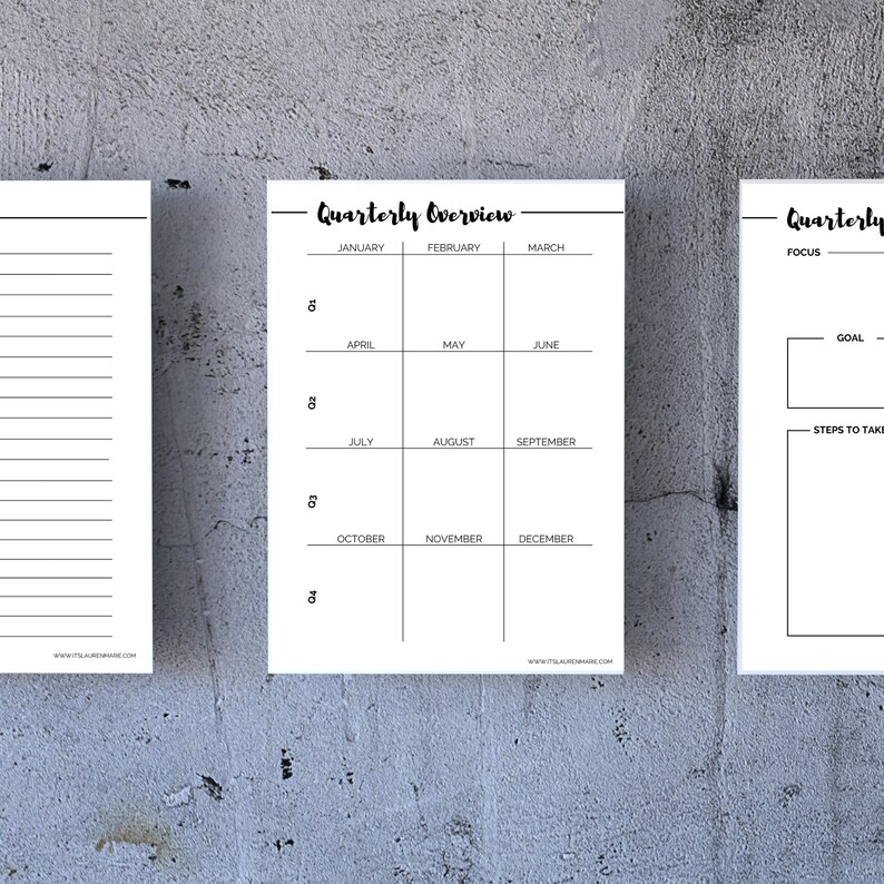 May include: A printable quarterly planner with a calendar grid for each month of the year. The planner includes sections for focus, goals, and steps to take.