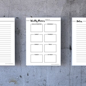 May include: A black and white printable weekly planner with sections for goals and priorities, daily tasks, and notes. The planner includes the days of the week: Sunday, Monday, Tuesday, Wednesday, Thursday, Friday, and Saturday.