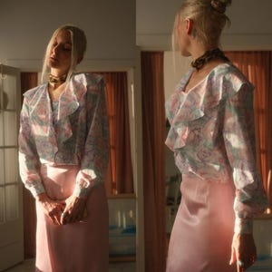 1980s Pastel Paradise Blouse // Vintage 1990s Ruffled Floral Pastel Purple White Button Up Long Sleeve Womens Small Summer Shirt