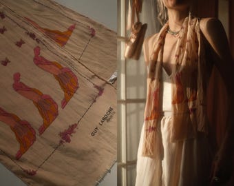 1980s Guy Laroche Silk Scarf // Vintage 1970s Peach Stripe Art Deco Flapper Women's Pastel Baby Pink Soft Neutral Head Scarf Neck Tie Hair