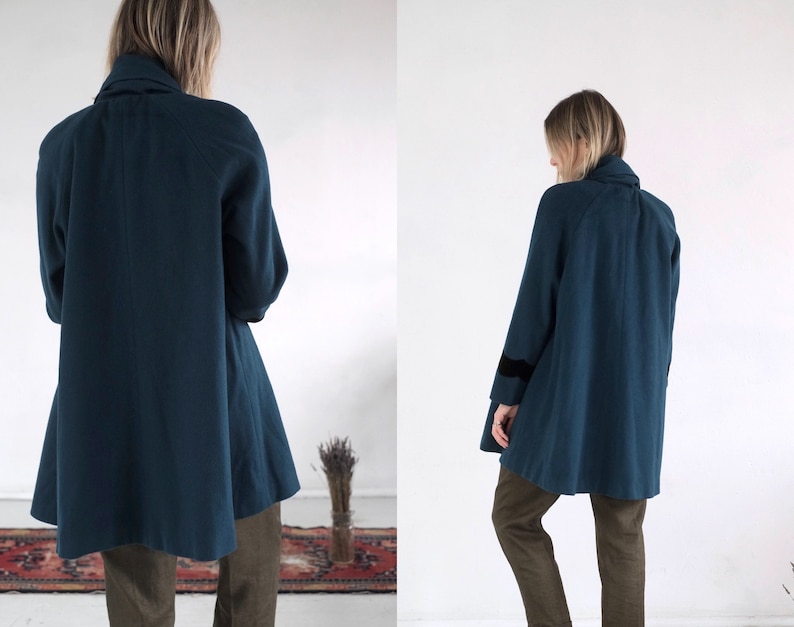 Teal Swing Coat Vintage 1990s Does 1960s Aqua Wool Jacket Oversize Jewel Tone Green Feminine Mid Length Emerald Velvet Trim Overcoat