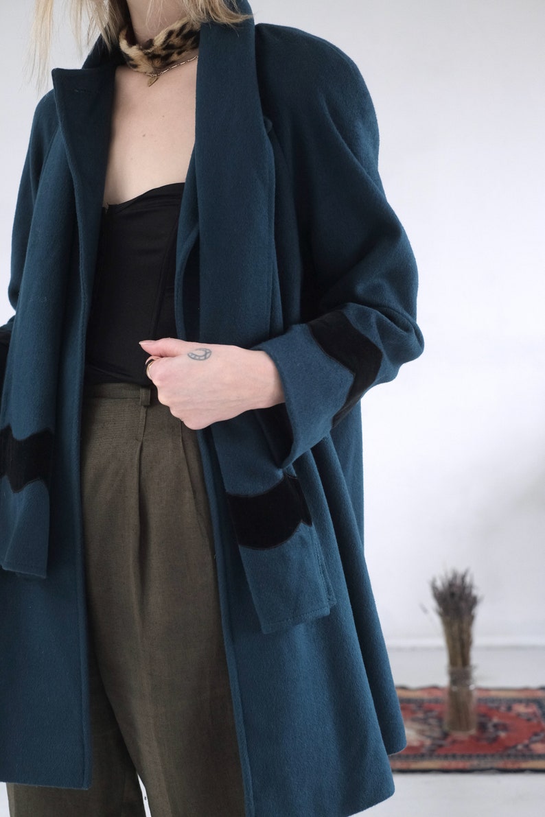 Teal Swing Coat Vintage 1990s Does 1960s Aqua Wool Jacket Oversize Jewel Tone Green Feminine Mid Length Emerald Velvet Trim Overcoat