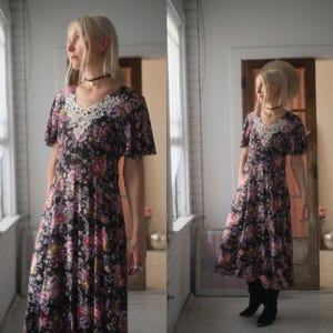 1980s Rose + Lace Dress // Vintage 1990s Long Purple Black Floral Short Sleeve Long Full Length Medium Small Spring Summer Garden Dress