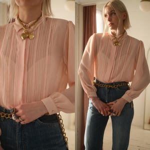 1970s Rose Tuxedo Blouse // Vintage 1980s Sheer Pastel Pink Soft Flowing Oversize Button Up Long Sleeve Oxford Womens Loose Fit Tie