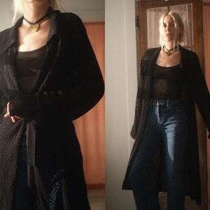 2000s Crochet Maxi Cardigan // Vintage 1990s 2000s Long Black Cozy Small Medium Large Plus Size Grunge Duster Maxi Length Knitwear