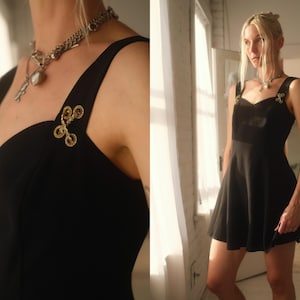 1990s Diamond Cocktail Dress // Vintage 1980s 90s Rhinestone Elegant Golden Black Mini Skirt Elegant Little Black Dress Femme Small Women's