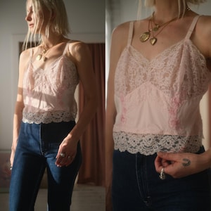1960s Blush Lace Cami // Vintage Pale Pink Lace Bedroom Layering Slip Tank Romantic Floral Pastel Mid Century Coquette Top