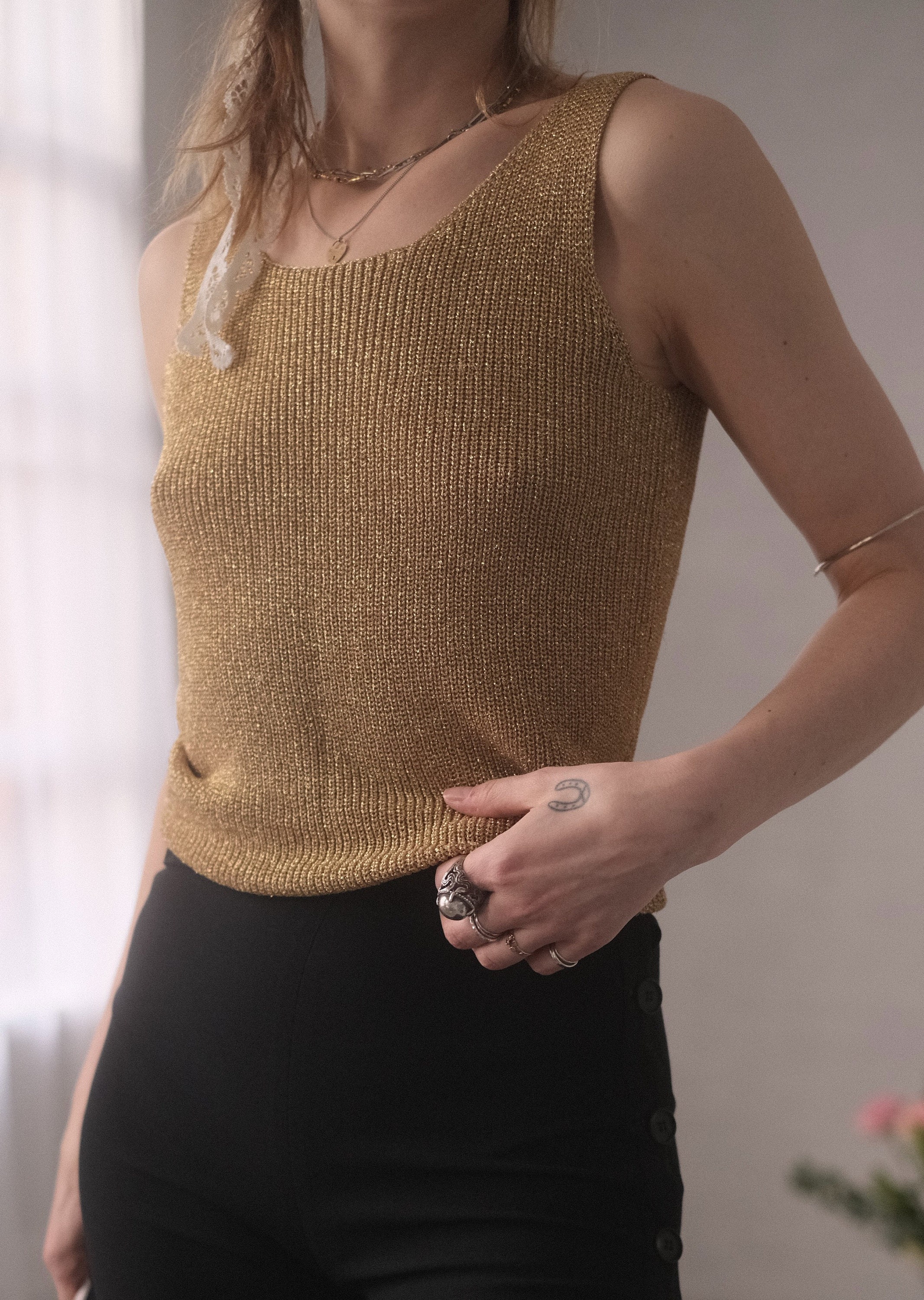 Gold Lurex Knit Tank // Vintage Golden Metallic Glitter Top Etsy