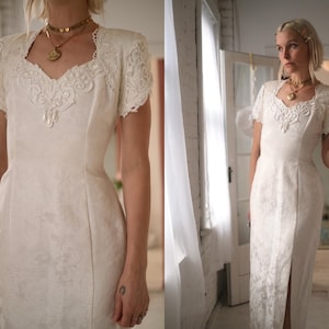 1980s Pearl Brocade Gown // Vintage 1990s White Ivory Luxe Lace Fitted Elegant Summer Wedding Gown Body Con Slit Midi Maxi Black Tie