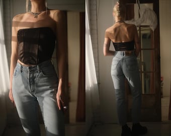 1990s Faded + Worn Jeans 27 // Vintage 1990s High Waist Faded Denim Small Light Wash Red Tapered Soft Blue Jean