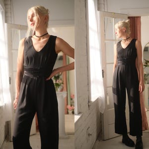 1980s Tuxedo Jumpsuit // Vintage 1990s Black Wide Leg Pantsuit Sleeveless Pantsuit One Piece Onesie High Waist Trouser Luxe Jumper