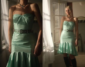 Sukienka bez ramiączek z lat 80. w stylu Seafoam // Sukienka koktajlowa vintage w kolorze turkusowym, syrena, romantyczna, pastelowa, turkusowa, falbaniasta, midi