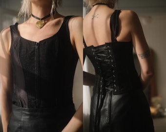 2000s Satin Ribbon Bustier // Vintage 1990s Black Ribbon Lace Corset Zipper Top Romantic Lingerie Tank Negligee Small Regency Antique Dupe