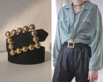 Gold Stud + Leather Belt // Vintage 1980s 90s Gold Studded Buckle Navy Suede Leather High Waist Belt Small Luxe Women's Ladies Thin Belt