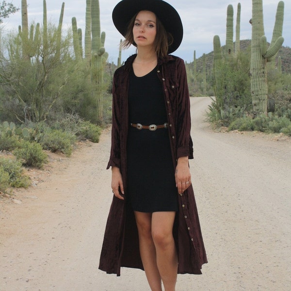 s a l e // Vintage 90s Long Sleeve Purple Maroon Red Velvet Maxi Button Up Dress // Cardigan // Duster