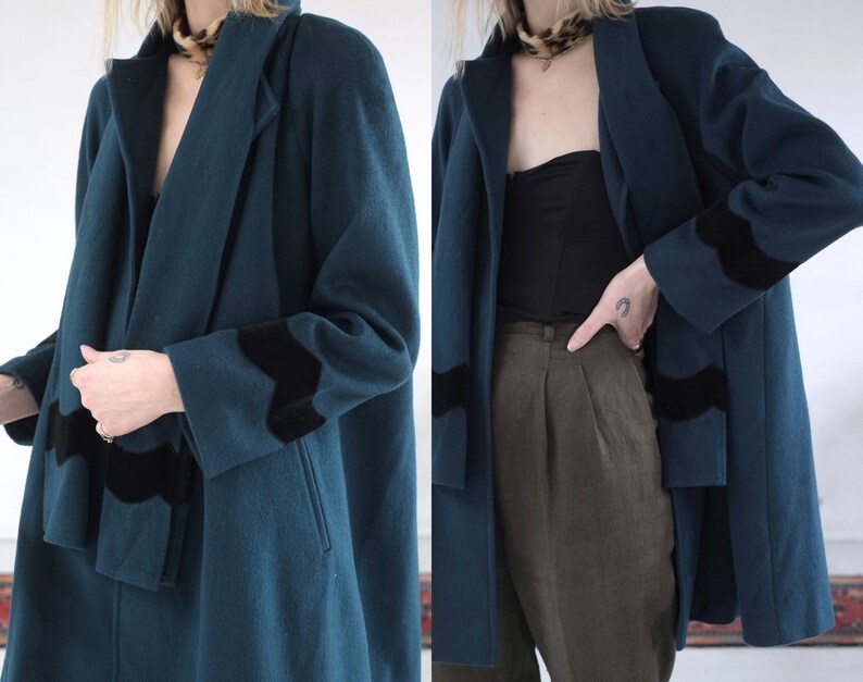 Teal Swing Coat Vintage 1990s Does 1960s Aqua Wool Jacket Oversize Jewel Tone Green Feminine Mid Length Emerald Velvet Trim Overcoat