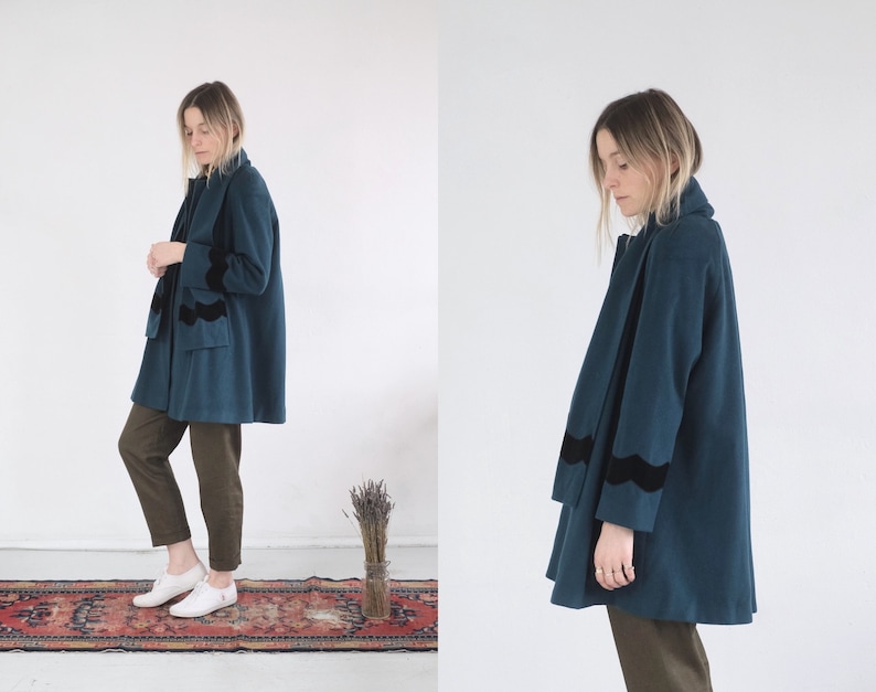 Teal Swing Coat Vintage 1990s Does 1960s Aqua Wool Jacket Oversize Jewel Tone Green Feminine Mid Length Emerald Velvet Trim Overcoat
