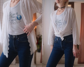 Antique Eyelet Cardi // Vintage Floral Sheer Edwardian Style Bed Jacket Edwardian Victorian Style White Delicate Feminine Cardigan Blouse