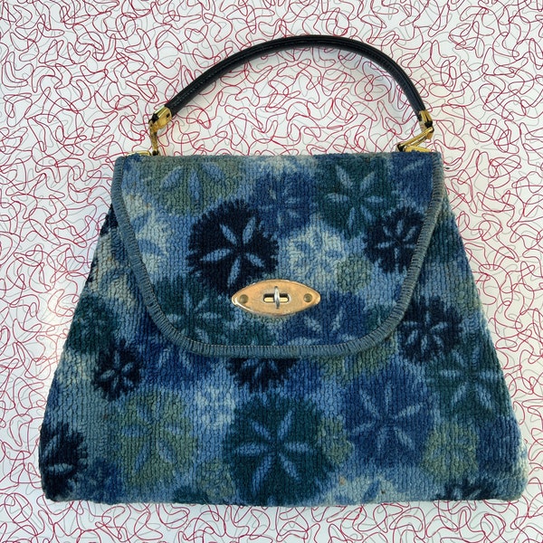 Carpet Bag - Original - Jerry Terrence - Blue - Large - MCM Handbag - Tote - Starburst - Floral - Snowflake - Rare - Sixties - B2