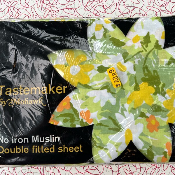 Tastemaker Mohawk Sheet - Dapper Daisies - Fitted Double - Sixties - Floral - Flowers - Green - Yellow - Orange - Vintage Bedding - C2