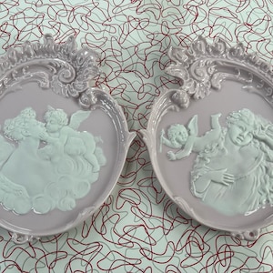 Neoclassical Wall Plaque - Angel - Devil - Motherhood - Putti - Cherub - Pink - White - Ceramic - Classic - S1