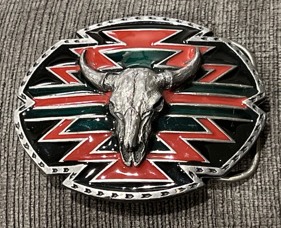 Boucle De Ceinture Vintage Western - Longhorn Bull Skull - Fabriquée Aux USA - Étain
