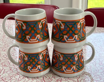 MCM Mug Set - Mid Century - NOS - Geometric - Orange - Blue - Green - White - Box - Drinkware - SHLFW