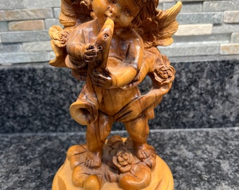 Ángel de madera tallada - Madera de olivo - Musical - Saxofón - Coleccionable - Grande - Detallado - Vintage - Querubín - D2