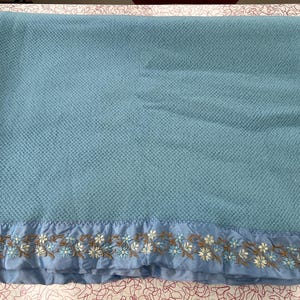 Satin Trim Blanket - Blue - Embroidered - Flowers - Floral - Powder Blue - Unisex - Twin or Full - Vintage - D1