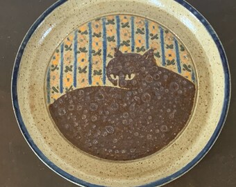 Studio Pottery Cat Plate - Dish - MCM Style - Mod - Art Pottery - Ceramic - Lisa Larson Style - Earth Tones - Textured - C1