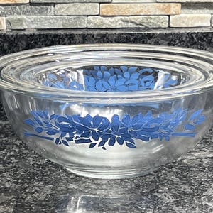 Pyrex Blue Ribbon - Bowls - Nesting - Mixing - Clear - Floral - Set of 3 - Vintage - RDBX