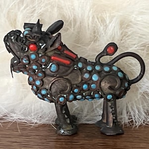 Foo Dog - Tibetan - Metal - Stones - Miniature - Figurine - Statue - Collectible - Vintage - A2