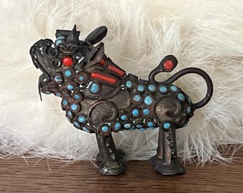 Foo Dog - Tibetan - Metal - Stones - Miniature - Figurine - Statue - Collectible - Vintage - A2