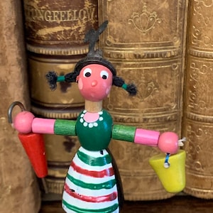 Woman Push Puppet - Wood - German - Thumb Puppet - Pail - Bucket - Umbrella - Rare - Vintage Toy - S1
