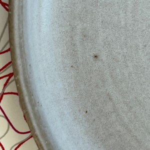 May include: A close-up of a white ceramic plate with a slightly textured surface. The plate has three small brown spots.