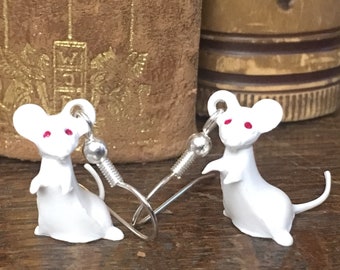 Mouse Earrings - Celluloid - Plastic - West Germany - White - Dangle - Miniature - Vintage