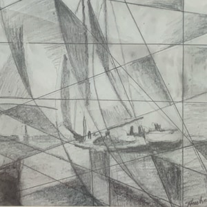 May include: A black and white pencil drawing of a sailboat with a geometric pattern of lines in the background. The drawing is signed "Krueger" in the lower right corner.